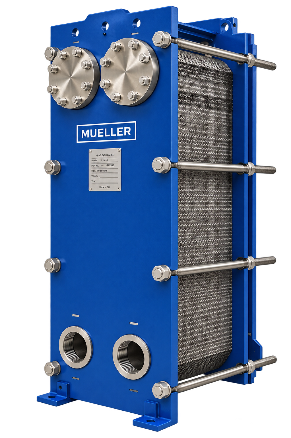 Mueller Accu-Therm gasketed plate and frame heat exchanger, front three-quarter view