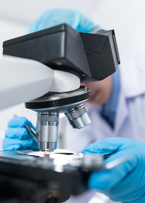 Pharmaceutical laboratory analysis under a microscope