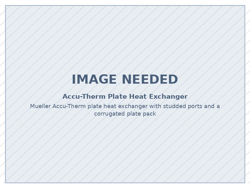 Image needed: Mueller Accu-Therm plate heat exchanger with studded ports and a corrugated plate pack