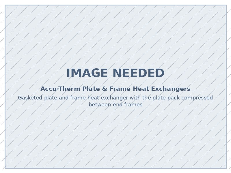 Image needed: Gasketed plate and frame heat exchanger with the plate pack compressed between end frames